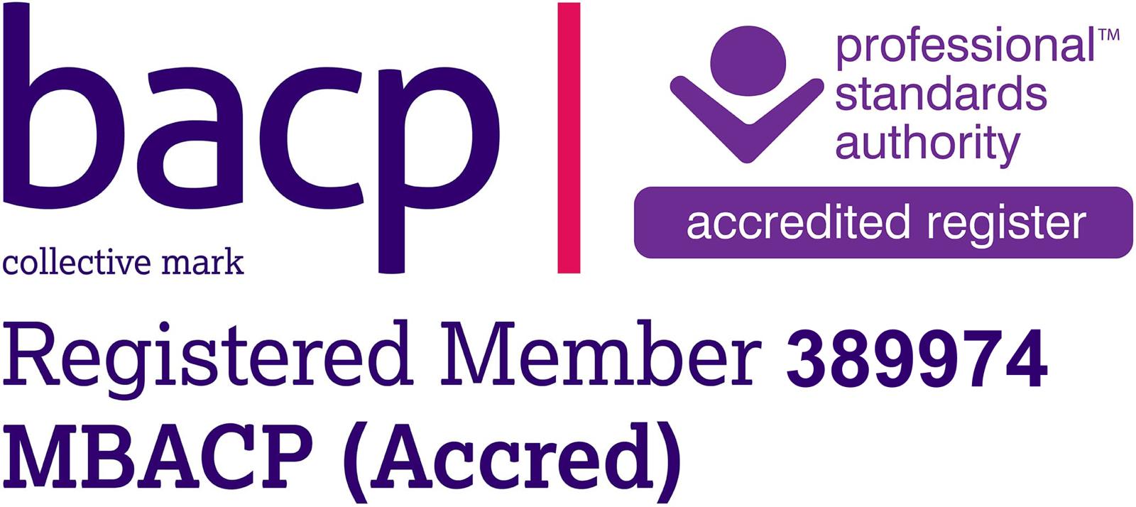 2. Registered Member 389974, MBACP (Accred) with Professional Standards Authority